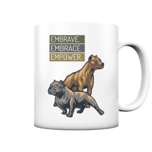 **SEO-optimierte Artikelbeschreibung:** **"EMBRAVE. EMBRACE. EMPOWER." Keramiktasse – Inspiration für American Bully Fans** Die *"EMBRAVE. EMBRACE. EMPOWER."* Keramiktasse ist das perfekte Accessoire für alle, die nicht nur Hunde, sondern auch Inspiration und Stärke schätzen. Mit dem kraftvollen Spruch und zwei stolzen American Bullies ist diese Tasse ein Motivations-Booster für deinen Alltag. Die schlichte weiße Oberfläche lässt das Design in den Vordergrund treten, während sie gleichzeitig elegant bleibt. - **Material**: Hochwertige Keramik für eine langlebige Nutzung - **Design**: Inspirierender Spruch "EMBRAVE. EMBRACE. EMPOWER." mit zwei American Bullies - **Farbe**: Außen Weiß – zeitlos und elegant - **Henkel**: Komfortabler C-förmiger Henkel für einen sicheren Griff - **Größe**: Höhe 96 mm, Durchmesser Ø 80 mm – Fassungsvermögen von 330 ml - **Gewicht**: 350 g, robust und stabil Die *"EMBRAVE. EMBRACE. EMPOWER."* Keramiktasse eignet sich hervorragend als Geschenk für American Bully Liebhaber und Züchter, die Stärke und Positivität leben. Perfekt für den täglichen Kaffeegenuss oder als Motivations-Tasse für den Arbeitsplatz! **Keywords**: EMBRAVE EMBRACE EMPOWER Tasse, American Bully Tasse, Motivations-Tasse, inspirierende Tasse, Hundetasse, American Bully Merchandise, Keramiktasse für Züchter, Geschenk für Hundeliebhaber. --- **SEO-kurzbeschreibung:** Die *"EMBRAVE. EMBRACE. EMPOWER."* Keramiktasse mit zwei American Bullies ist ein inspirierendes Accessoire für alle Hundeliebhaber. Aus weißer Keramik mit einem praktischen C-Henkel und einem Fassungsvermögen von 330 ml – ideal für einen kraftvollen Start in den Tag!