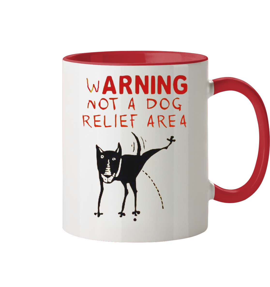 Die "Warning Not a Dog Relief Area" Keramiktasse mit pinkelndem American Bully und witzigem Spruch ist der perfekte Hingucker für alle Hundeliebhaber. Außen Weiß, innen Rot, mit komfortablem C-Henkel und einem Fassungsvermögen von 330 ml – ideal für Kaffeegenuss mit einem Lächeln!